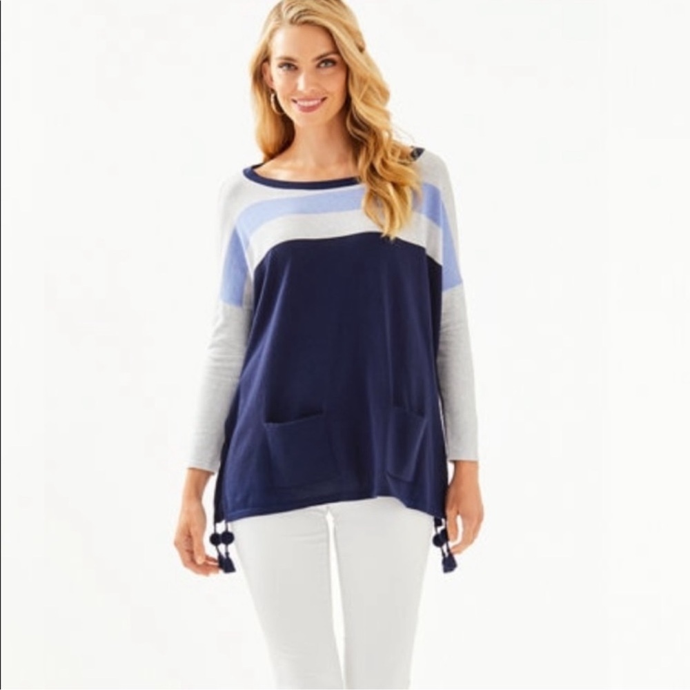 Lilly Pulitzer Elba Coolmax Pompom Tassel Detail Sweater Womens Small Blue Gray